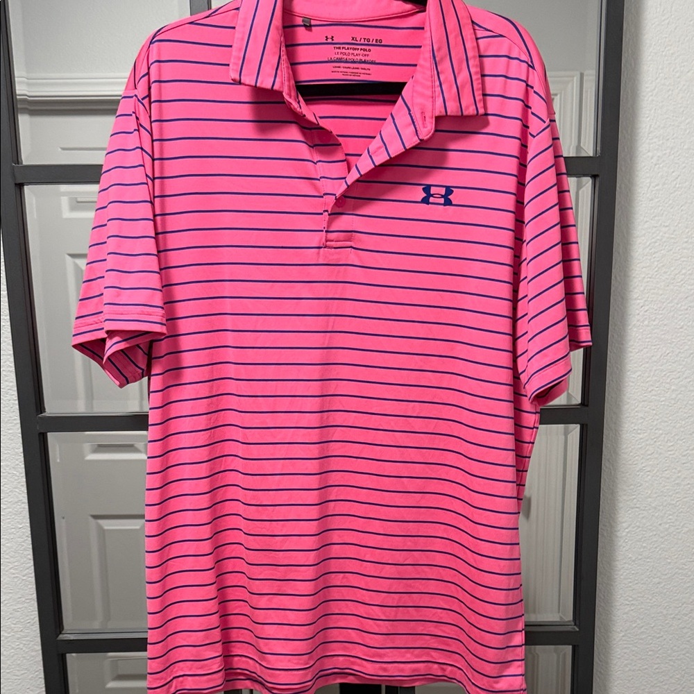 Under Armour Men's Polo Shirt in Pink and Blue Stripes
